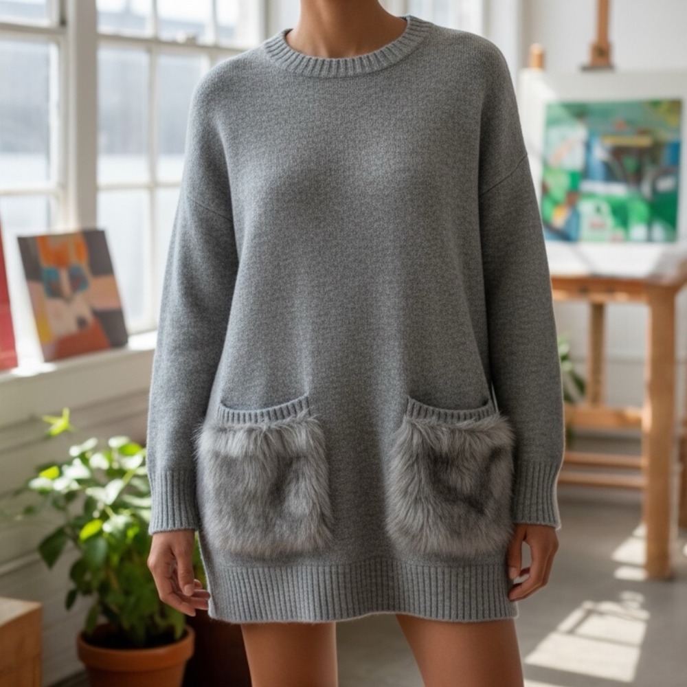 Magaschoni Women's M Light Gray Chunky Knit Faux Fur Pockets Knit‎ Sweater Dress